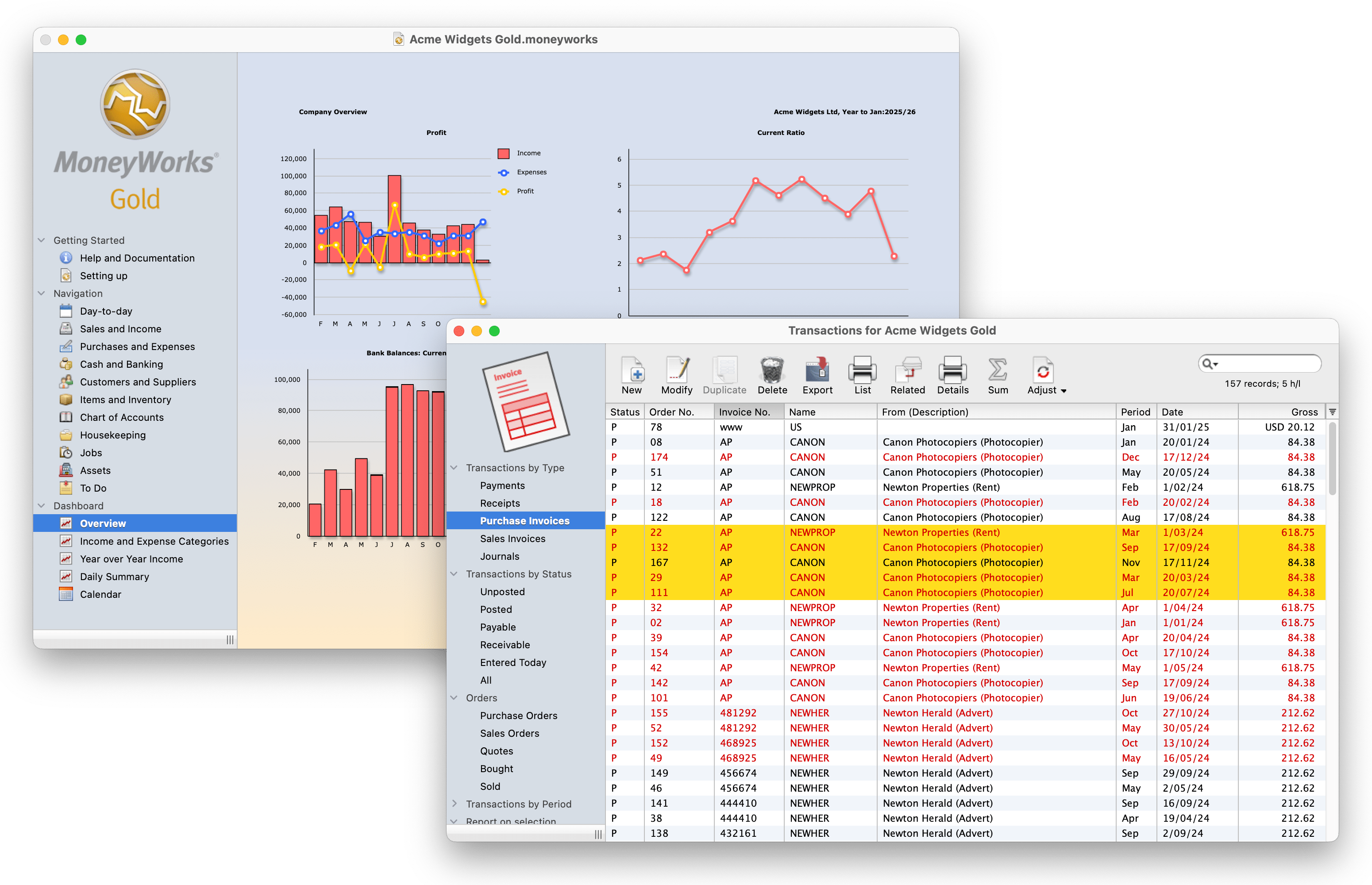 MoneyWorks Navigator and transaction list windows