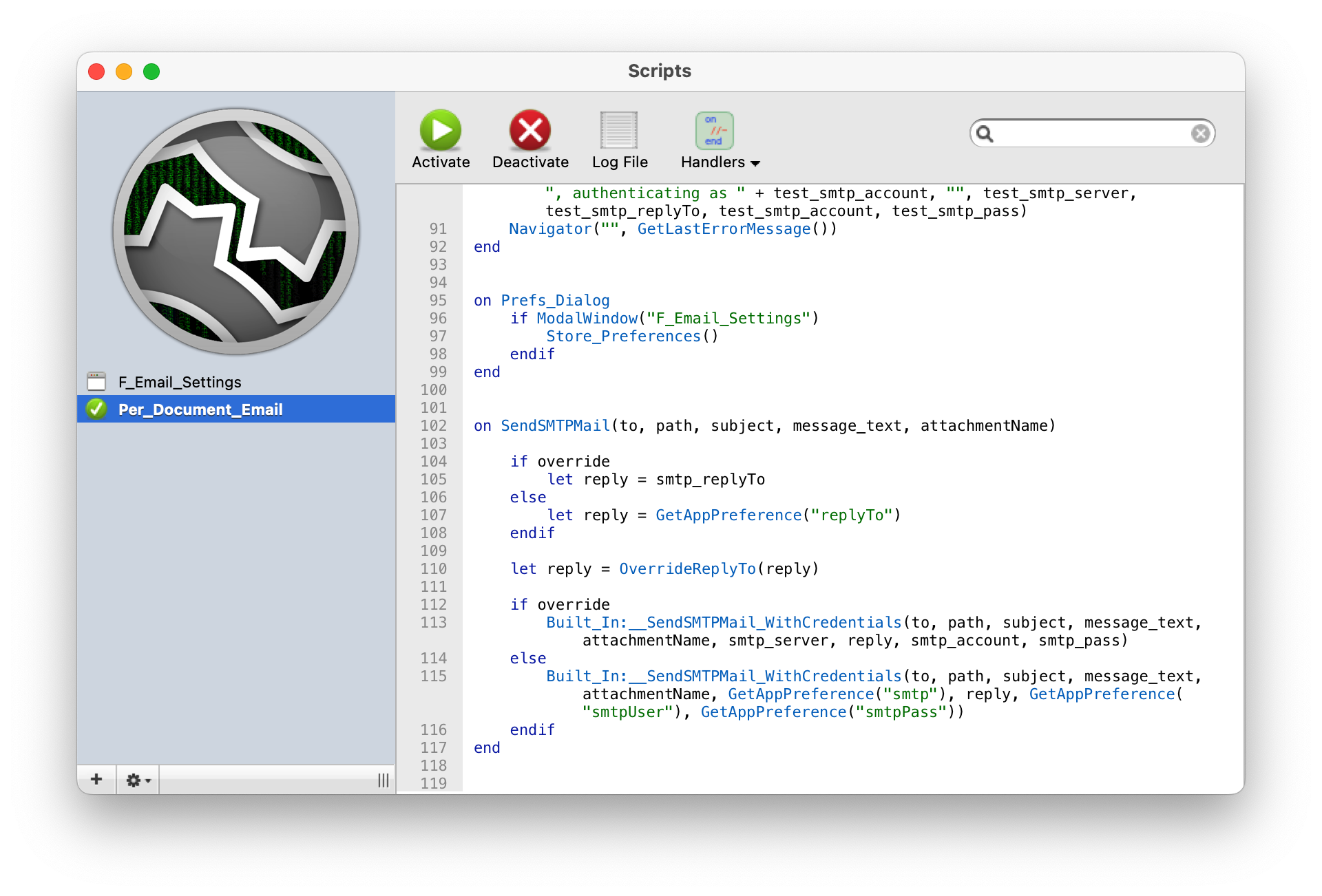 MoneyWorks script editor window on Mac MoneyWorks script editor window